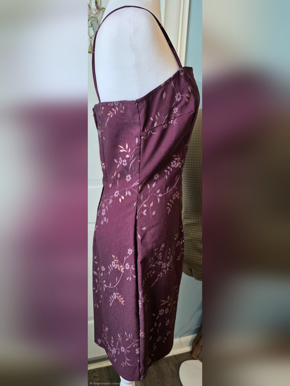 90s Vintage XOXO Floral Midi Dress Juniors 7 Plum Gold Floral w/ Square Neck - Picture 5 of 11